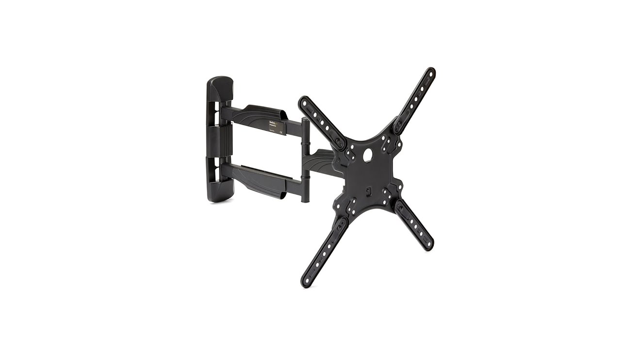 A black, adjustable TV wall mounting solution for televisions or monitors. It features an extendable arm and a VESA-compatible bracket with multiple mounting holes, allowing for various configurations and angle adjustments.