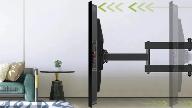 A flat-screen TV is mounted on an adjustable wall bracket in a modern living room, showcasing the advanced TV Wall Mounting. Green arrows indicate the TV's ability to move away from the wall. The room features a green sofa, a round side table with a potted plant, and a patterned rug.